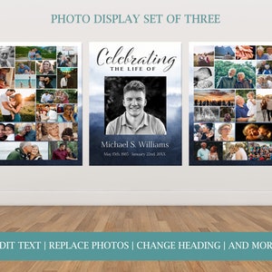 May include: A set of three photo display prints with a blue watercolor background. The center print features a portrait of a man with the text "Celebrating the life of Michael S. Williams May 15th, 1985 January 22nd, 20XX". The other two prints feature a collage of photos.