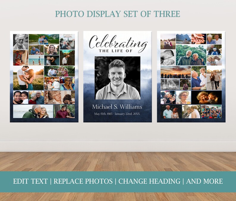 May include: A set of three photo display prints with a blue watercolor background. The center print features a portrait of a man with the text "Celebrating the life of Michael S. Williams May 15th, 1985 January 22nd, 20XX". The other two prints feature a collage of photos.