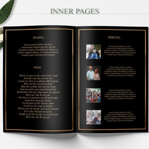 Inner pages of a funeral program template with four small pictures on one side and golden text throughout. It has a black background and a golden border.