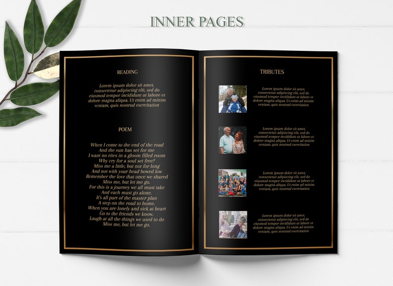 Inner pages of a funeral program template with four small pictures on one side and golden text throughout. It has a black background and a golden border.