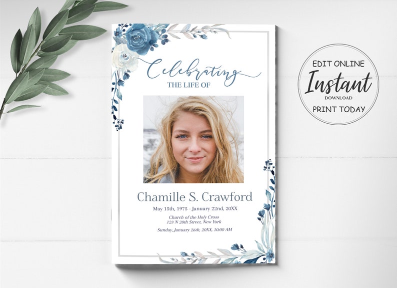 Editable 8 Page Funeral Program Template Navy Blue Funeral Etsy