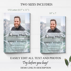blue mountain lake funeral program template, blue obituary template with photo collage, 8 page funeral program template, editable funeral program template, celebration of life template, order of service, editable obituary template, in loving memory,