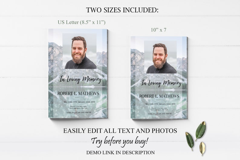 blue mountain lake funeral program template, blue obituary template with photo collage, 8 page funeral program template, editable funeral program template, celebration of life template, order of service, editable obituary template, in loving memory,