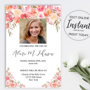 Begrafenis uitnodigingskaart | Roze bloemen bloemen begrafenisaankondiging | Bloemen begrafenis sjabloon | Bloemen herdenkingsuitnodiging | A104