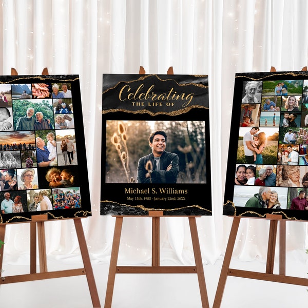 Black and Gold Agate Celebration of Life Poster | Funeral Poster Photo Display | Memorial Poster for Funeral | Photo Collage Template | D117