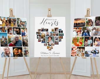 Könnte beinhalten: Ein weißes Poster mit einem herzförmigen Foto-Collage. Der Text "Forever in our Hearts" befindet sich oben auf dem Poster. Der Name "Melissa S. Lawrence" und die Daten "May 15th, 1978 - January 22nd, 200X" befinden sich unten auf dem Poster. Das Poster wird auf einem Staffelei ausgestellt.