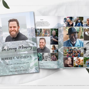 Editable  Blue Mountain Lake Funeral Program Template for Man | Blue Obituary Template | Celebration of Life Program |  A110