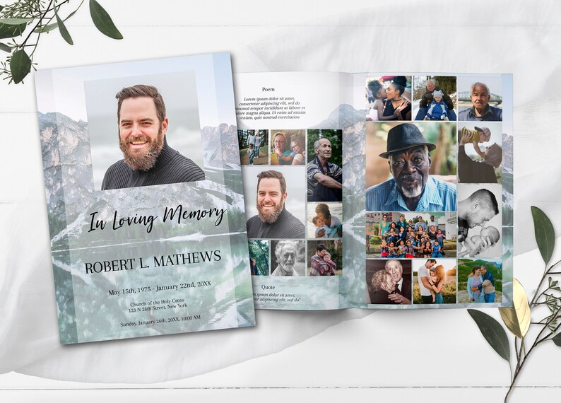 blue mountain lake funeral program template, blue obituary template with photo collage, 8 page funeral program template, editable funeral program template, celebration of life template, order of service, editable obituary template, in loving memory,