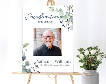 Editable Funeral Poster  | Greenery Memorial Poster | Eucalyptus Funeral Sign |  Celebration of Life Sign | C120