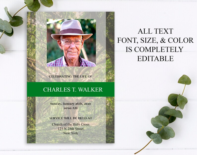May include: A memorial announcement with a photo of a man wearing glasses and a hat. The text reads "Celebrating the Life of Charles T. Walker." Additional text includes service details and the phrase "All text font, size, & color is completely editable."