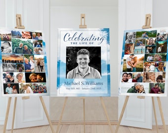 Collage funebre Set di poster con cielo blu e nuvole / Poster commemorativo del paradiso per funerale / Modello di collage fotografico / Segno di celebrazione della vita F117