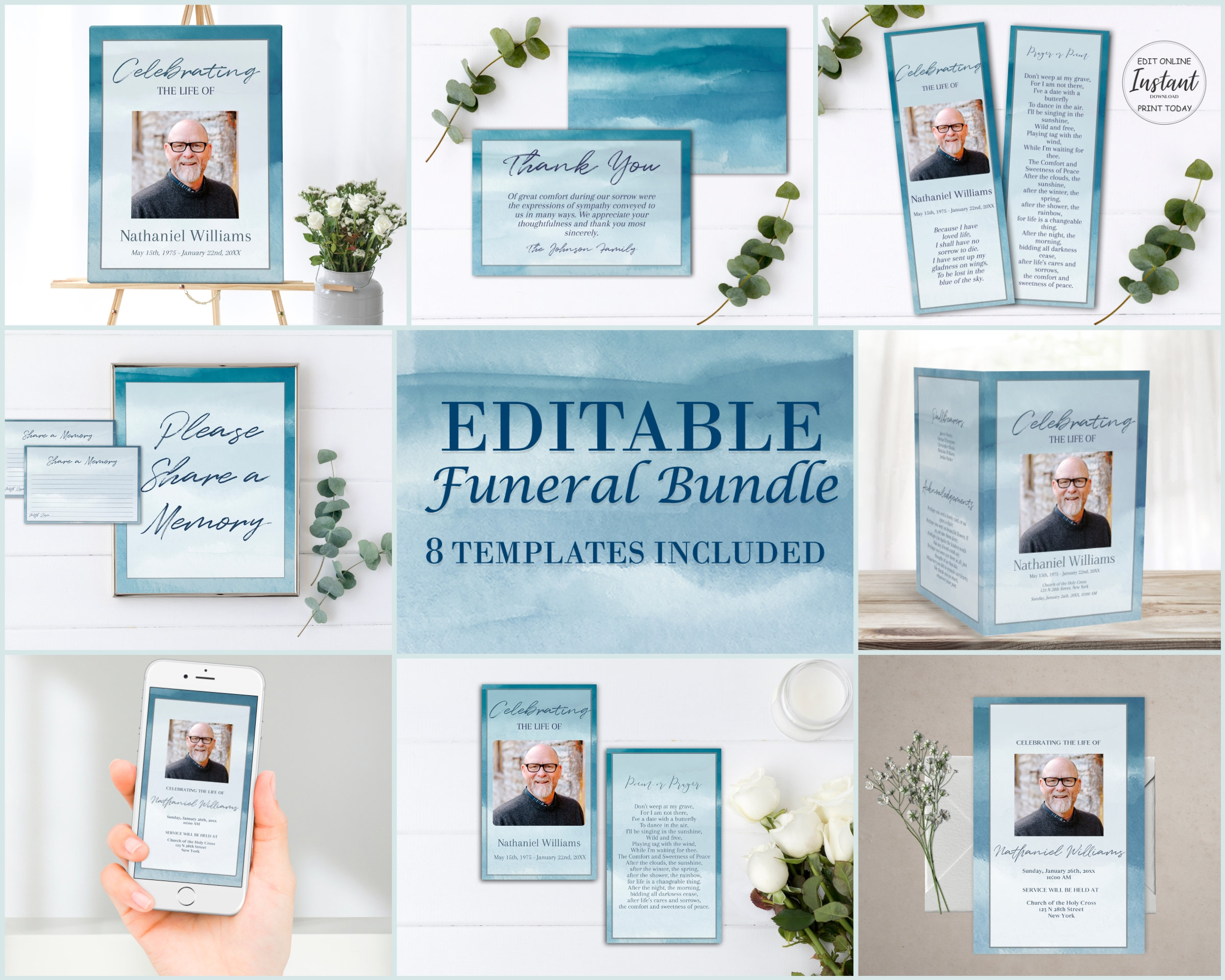 Blue Funeral Bundle | Celebration of Life Templates | Modern Blue ...