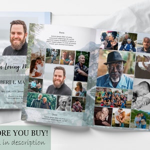 blue mountain lake funeral program template, blue obituary template with photo collage, 8 page funeral program template, editable funeral program template, celebration of life template, order of service, editable obituary template, in loving memory,
