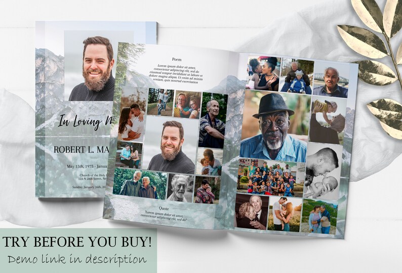 blue mountain lake funeral program template, blue obituary template with photo collage, 8 page funeral program template, editable funeral program template, celebration of life template, order of service, editable obituary template, in loving memory,