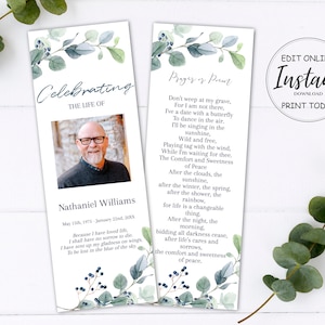 Funeral Bookmarks | Funeral Favors | Greenery Celebration of Life | Eucalyptus Funeral Favors | C120