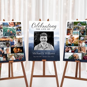 May include: Three easel-mounted photo collage posters with a blue watercolor background. The center poster features a portrait of a young man with the text "Celebrating the Life of Michael S. Williams May 8th, 1995 - January 22nd, 20XX". The side posters feature a collage of photos.