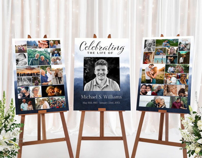 May include: Three easel-mounted photo collage posters with a blue watercolor background. The center poster features a portrait of a young man with the text "Celebrating the Life of Michael S. Williams May 8th, 1995 - January 22nd, 20XX". The side posters feature a collage of photos.