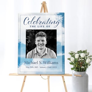 Blue Sky Clouds Funeral Poster | Heaven Sky Memorial Poster Photo Sign |  Celebration of Life Sign | Memorial Service Welcome Sign F117