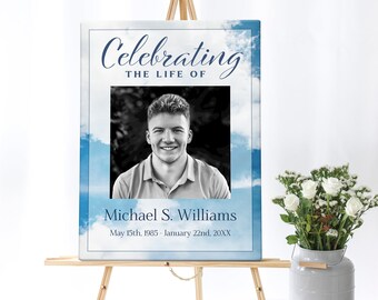 Blue Sky Clouds Funeral Poster | Heaven Sky Memorial Poster Photo Sign |  Celebration of Life Sign | Memorial Service Welcome Sign F117