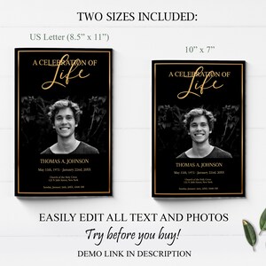 May include: Two black and gold funeral program templates with a photo of a young man. The text reads "A Celebration of Life" and includes the name "Thomas A. Johnson" and dates. The templates are available in two sizes: 8.5 inches by 11 inches and 10 inches by 7 inches.