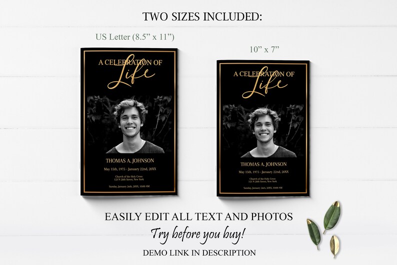 May include: Two black and gold funeral program templates with a photo of a young man. The text reads "A Celebration of Life" and includes the name "Thomas A. Johnson" and dates. The templates are available in two sizes: 8.5 inches by 11 inches and 10 inches by 7 inches.