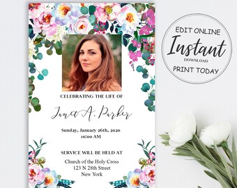 May include: A printable memorial service announcement with a floral border and a photo of a woman. The text reads "Celebrating the life of Janet A. Parker, Sunday, January 26th, 2020, 10:00 AM, Service will be held at Church of the Holy Cross, 123 N 28th Street, New York."