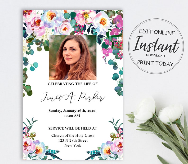 May include: A printable memorial service announcement with a floral border and a photo of a woman. The text reads "Celebrating the life of Janet A. Parker, Sunday, January 26th, 2020, 10:00 AM, Service will be held at Church of the Holy Cross, 123 N 28th Street, New York."