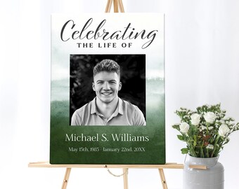 Green Watercolor  Funeral Poster | Green Forest Memorial Poster Photo Sign |  Celebration of Life Sign | Memorial Service Welcome Sign E119