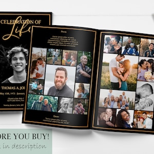 Black and gold funeral program with a large photo on the front and " Celebration of life" written in gold with a gold border around it. Inside is a photo collage with a gold border as well.