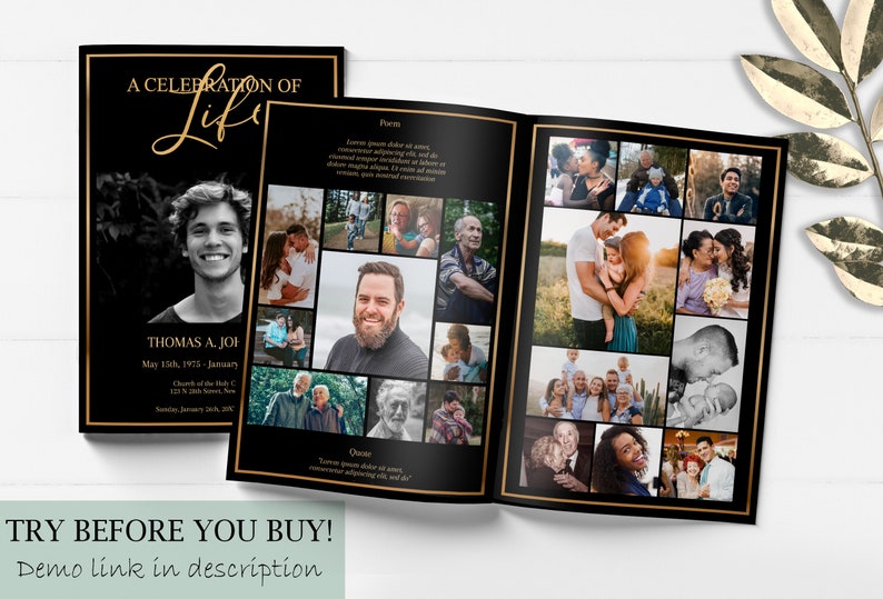 Black and gold funeral program with a large photo on the front and " Celebration of life" written in gold with a gold border around it. Inside is a photo collage with a gold border as well.