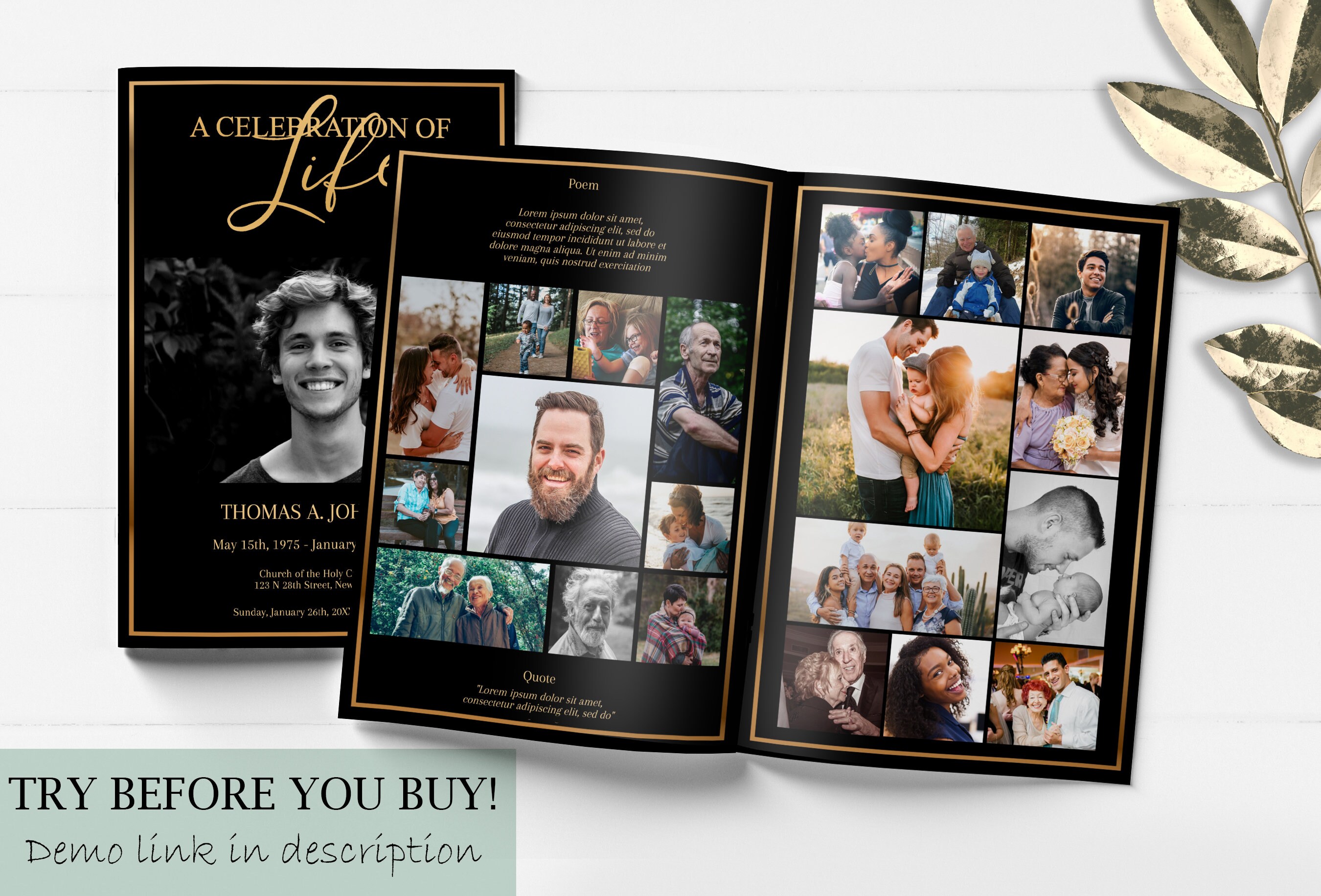 8 Page Funeral Program Template Black and Gold Funeral Etsy