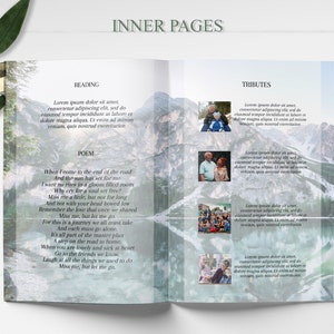 blue mountain lake funeral program template, blue obituary template with photo collage, 8 page funeral program template, editable funeral program template, celebration of life template, order of service, editable obituary template, in loving memory,