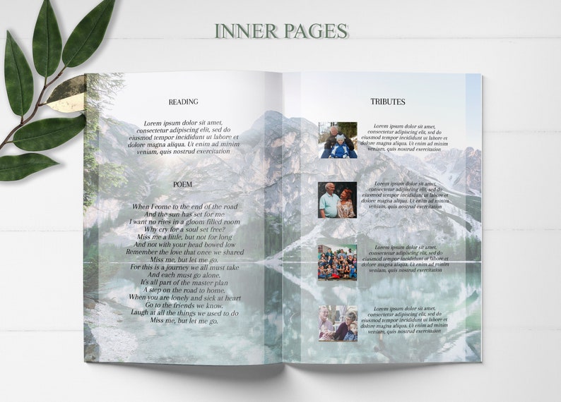 blue mountain lake funeral program template, blue obituary template with photo collage, 8 page funeral program template, editable funeral program template, celebration of life template, order of service, editable obituary template, in loving memory,