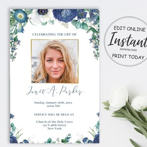 Blue Floral Funeral Announcement Template | Navy Blue Obituary Template to Honor Your Loved One | B120
