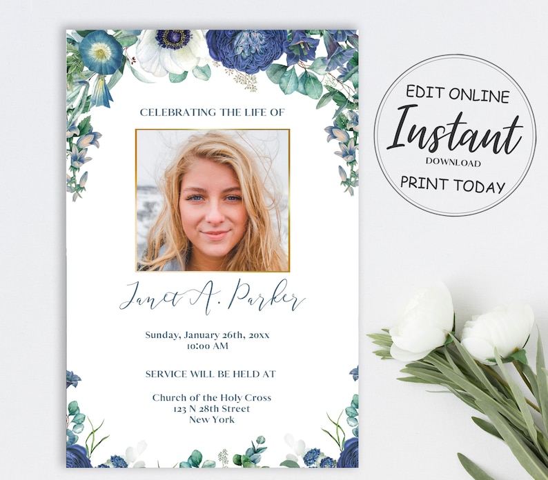 Blue Floral Funeral Announcement Template Navy Blue Obituary Etsy
