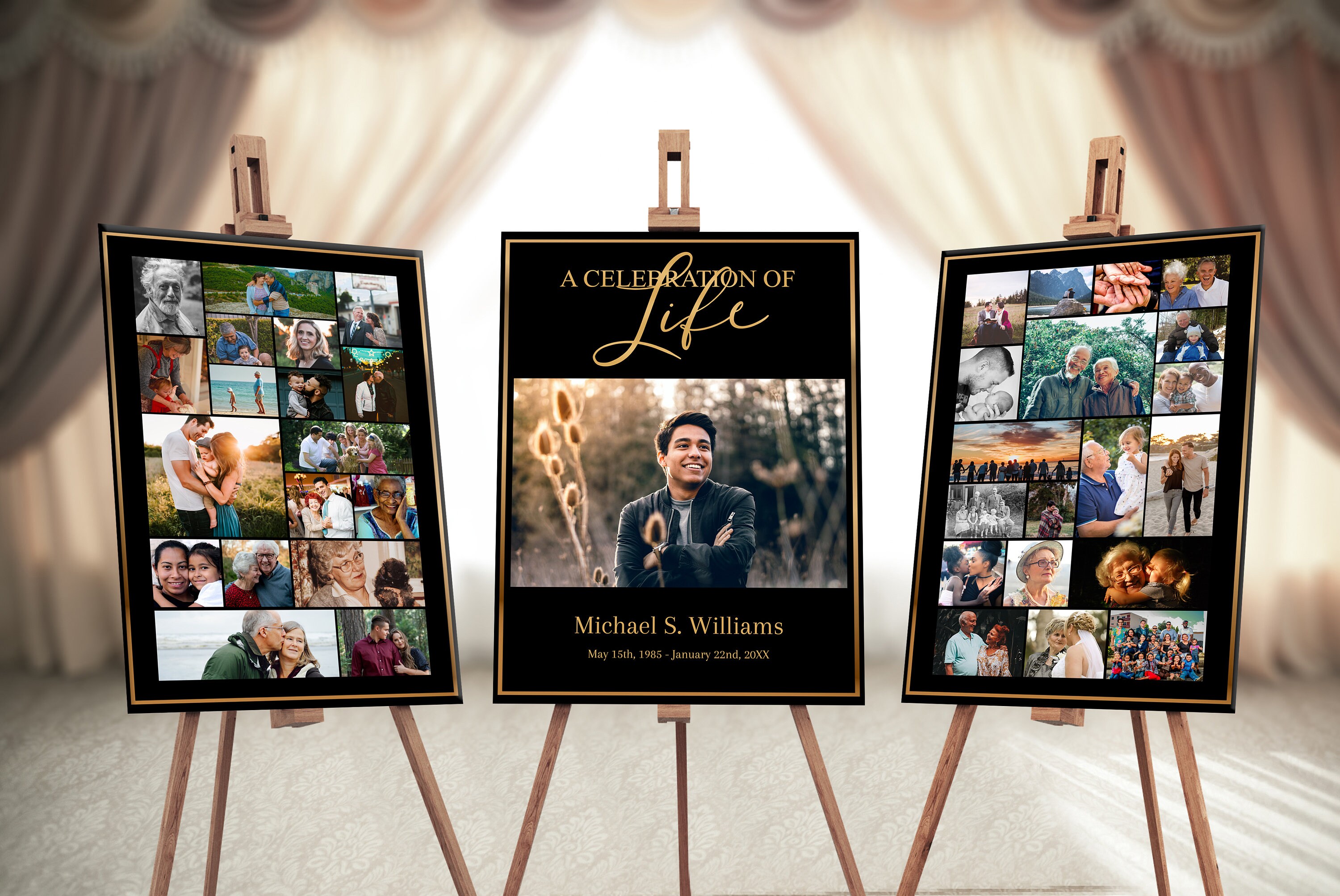 Black and Gold Funeral Poster Photo Display Collage Memorial Etsy Canada