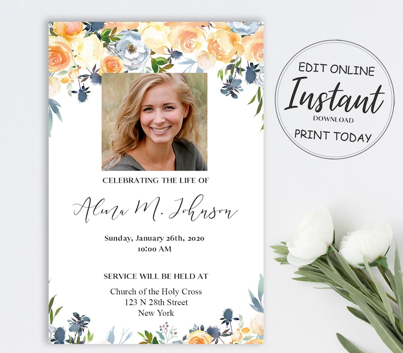 Puede incluir: Anuncio conmemorativo con foto de mujer, rodeado de detalles florales en acuarela en amarillo, azul y verde. El texto incluye "Celebrando la vida de" y detalles del evento. Tambi&eacute;n se ven las palabras "Editar en l&iacute;nea Descarga instant&aacute;nea Imprimir hoy".