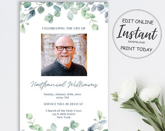 Puede incluir: Una tarjeta de memorial imprimible con una foto de un hombre, un borde floral y el texto "Celebrating the life of Nathaniel Williams, Sunday, January 26th, 20xx 10:00 AM, Service will be held at Church of the Holy Cross, 123 N 28th Street, New York".