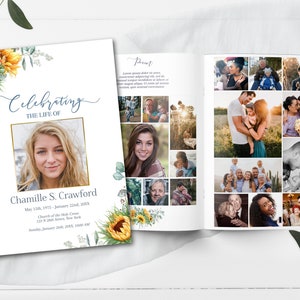 Editable Sunflower Theme Funeral Program Template | Editable Memorial Program | B130