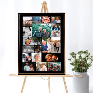 Each poster has a unique photo collage template on them. They all have a black background with a golden border. Excellent for a funeral service, or an event.