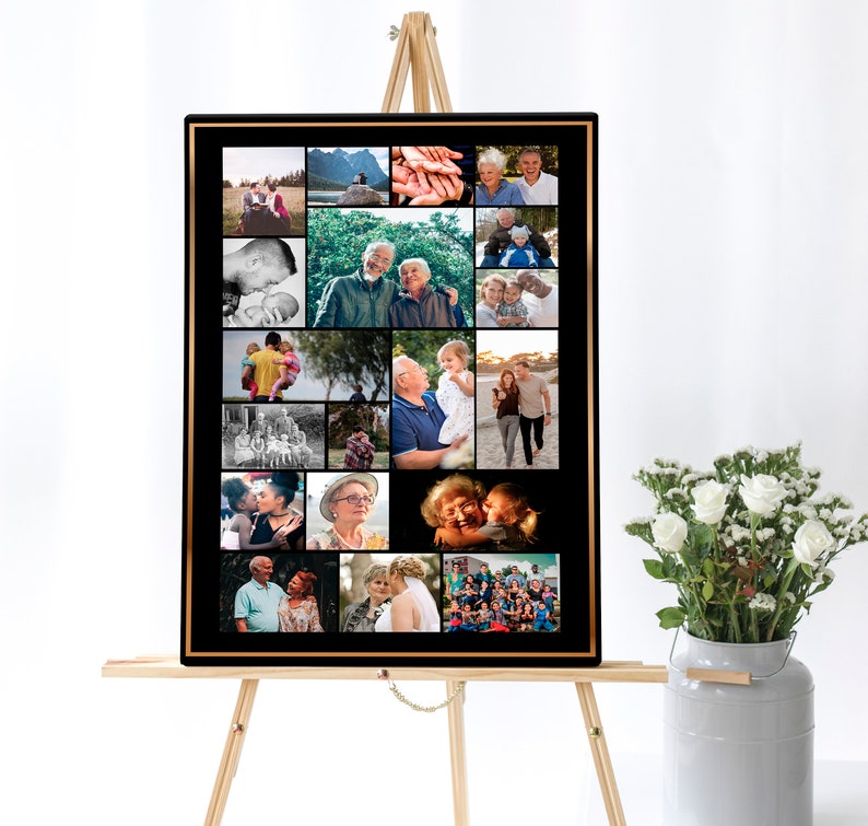 Each poster has a unique photo collage template on them. They all have a black background with a golden border. Excellent for a funeral service, or an event.