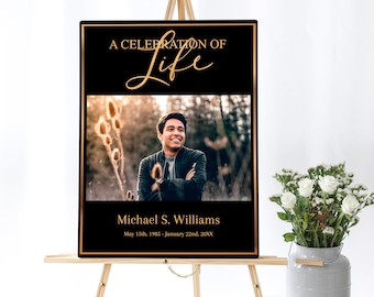 Black and Gold  Editable Funeral Welcome Sign | Simple Funeral Poster Photo Sign | Celebration of Life Sign | Memorial Poster | C117