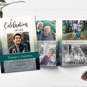 Editable  Funeral Program Template for Man | Obituary Template | Green Forest Celebration of Life Program | Memorial Service | A112