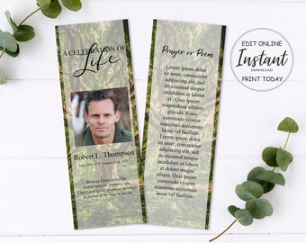 Green Forest Funeral Bookmarks,  Funeral Keepsake, Celebration of Life, Funeral Favors - A111