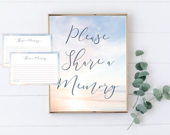 Blue Sky Share a Memory Sign and Cards for Funeral | Heaven Memorial Keepsake | Blue Celebration of Life Favors | E111
