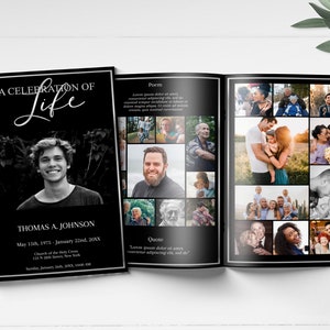 8 Page Funeral Program Template |  Black and Silver Funeral Program | Celebration of Life | Obituary Template | Memorial Program | C217