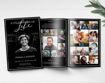 May include: A black and white photo memorial booklet with a silver border. The front cover features a photo of a young man and the text "A Celebration of Life". The inside pages feature a collage of photos and text.