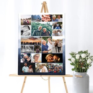 May include: A collage of family photos on a canvas with a blue and white watercolor background. The photos show a variety of people, including couples, families, and individuals. The photos are arranged in a grid pattern, and the overall effect is one of love and togetherness.