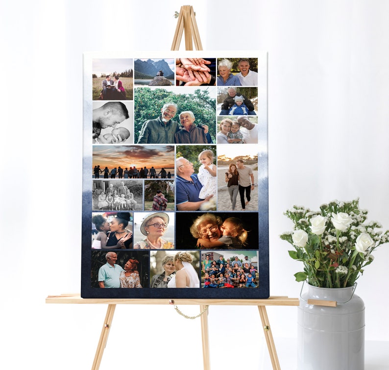 May include: A collage of family photos on a canvas with a blue and white watercolor background. The photos show a variety of people, including couples, families, and individuals. The photos are arranged in a grid pattern, and the overall effect is one of love and togetherness.