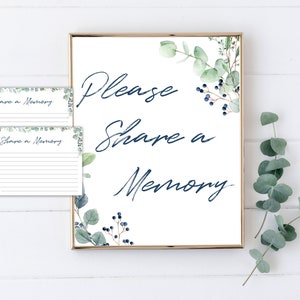 Share a Memory Sign and Cards for Funeral | Greenery Memorial Keepsake | Greenery Eucalyptus Celebration of Life Favors | C120